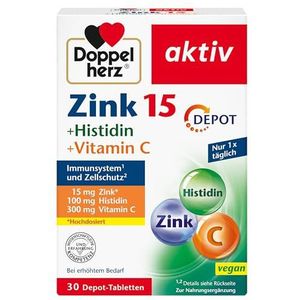 Doppelherz Zink 15 + histidine + vitamine C - 15 mg zink als bijdrage aan de normale werking van het immuunsysteem en voor het behoud van de normale huid - 30 veganistische depottabletten