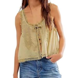 Strik vooraan Top Coquette Strik Linnen Shirt Linnen Strik Strik Vooraan Tanktop Ruffle Kant Blouse(Khaki,L)