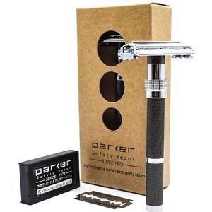 Parker, 96R Graphite Grey lange handgreep Butterfly Open Double Edge veiligheidsscheermes voor mannen, 5 Parker Premium Platinum Double Edge scheermesjes inbegrepen