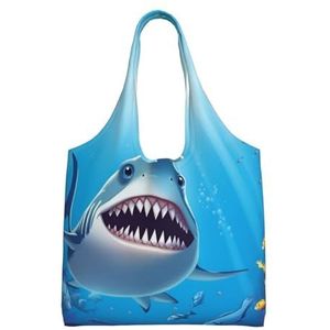 RLDOBOFE Glimlachende canvas draagtas met haaienprint voor vrouwen, esthetische boodschappentassen, schoudertas, herbruikbare boodschappentassen, Zwart, One Size