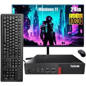 Lenovo ThinkCentre M710q Mini-desktopcomputer, PC met 24-inch monitor, Intel Core i3-6100, 16 GB RAM, 256 GB SSD, US toetsenbord, WiFi, Bluetooth, Windows 11 Pro (gereviseerd)