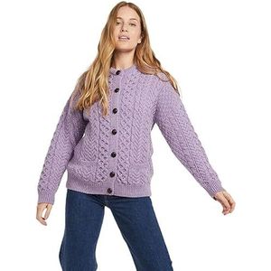 Aran Woollen Mills Dames Aran Lumber Cardigan met Lange Mouwen en Zakken Lila, Liliac, M