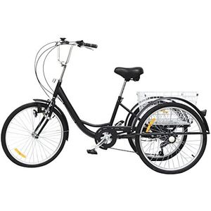 WDRENTOOL Driewieler voor volwassenen, 24 inch (61 cm) fiets voor volwassenen, Shimano 6 versnellingen, Cruise Trike Cargo Bike met mand, fietsen, fiets voor outdoor, sport, winkelen (zwart)