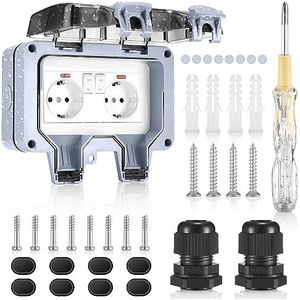 Buitenstopcontact, IP66, weerbestendig, tuinstopcontact, opbouw, geaard contact, outdoor stopcontact, 2-voudig met klapdeksel, stofdicht stopcontact, voor vochtige ruimtes, tuin, buiten, garage
