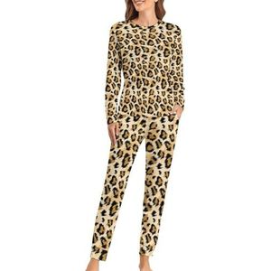 Modieuze luipaardhuid zachte damespyjama met lange mouwen, warme pasvorm, loungewear sets met zakken, XL