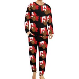Groundhog And Canada Maple Leaf Comfortabele herenpyjama, set met ronde hals, lange mouwen, loungewear met zakken, M