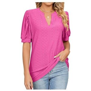 2024 zomer casual v-hals effen kleur holle losse T-shirt tops met pofmouwen for dames (Kleur : Rosy, Size : XX-Large)