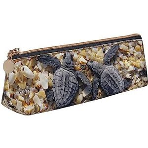 ReesEt Cut Baby Zeeschildpad Gedrukt Potlood Pouch Driehoek Pen Case Draagbare Lederen Potlood Tas met Rits Cosmetische Pouch Bag, zoals afgebeeld, Eén maat, Tas Organizer