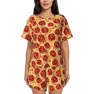 3d Pizza Pepperoni Print Womens Zomer Zachte Tweedelige Bijpassende Outfits Korte Mouw Pyjama Lounge Pyjama Sets, Zwart, M