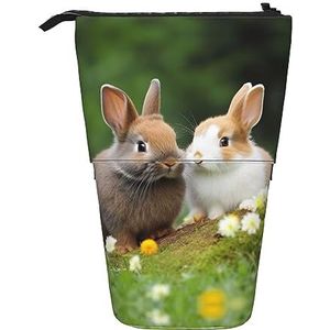 RLDOBOFE Leuke Konijnen Print Potlood Tas Stand-Up Intrekbare Potlood Doos Organizer Pen Houder Opbergtas Cosmetische Tas Voor Office Kerst Vakantie Gift, Zwart, Eén maat