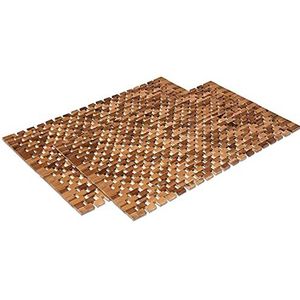 WohnDirect Antislip houten badmat, naturel, set van 2, 60 x 100 cm, duurzame, robuuste houten mat voor badkamer, sauna en wellness, douchemat van 100% acaciahout