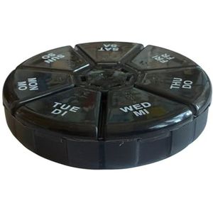 Pillendoos, klein, rond, 7 dagen, medicijndoos, 7 vakken, pillendoos, pillendoos, weekbox (zwart)