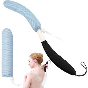 KkaFFe 15,4 inch rugbadborstel met spons, rugscrubber badgaas met gebogen lange steel bad lichaamsborstel voor ouderen hulp baden en douche