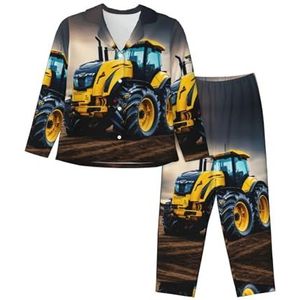 Kfjghhl Bedrijf Boerderij Tractor Pyjama Set Vrouwen Zachte Twee Stukken Pj'S Sets Lange Mouw Tops Plaid Broek Nachtkleding Zakken, Zwart, S