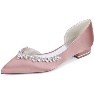 KYEGLO Satijnen Platte Damesschoenen Met Gesloten Neus - Puntige Instapschoenen Voor Bruidsmeisjes Met Strass-Steentjes Voor Feestjes, Bruiloften En Cadeaus Voor Vrouwen,Roze,36 EU