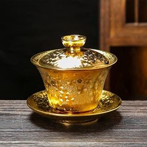Theekop theekop set met deksel en schotel, verguld licht luxe Jianzhan theekopje, Tenmoku glazuur oven transformatie theekom, klassieke vintage theekrachtenset, 4 oz (kleur: goud, maat: 120 ml)