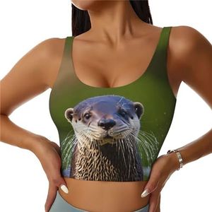 Animal Cute Brown Otters Print Yoga Bras, High Impact Support, Longline Design, voor Fitness, Hardlopen en meer, Zwart, S