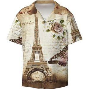 OdDdot Paris Eiffeltoren print heren button down shirt korte mouw casual shirt voor heren zomer business casual overhemd, Zwart, M