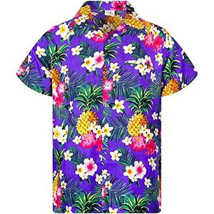 King Kameha Funky Hawaïhemd voor kinderen, jongens en meisjes, korte mouwen, borstzakje, Hawaii-print, uniseks, ananas, bladeren patroon, Kids Pineapple Flowers Paars, 10 Jaar