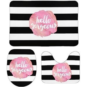 Badkamermatset Hello Gorgeous | Zwarte streep en roze aquarel zachte U-vormige contourmat duurzame wc-deksel cover mat gezellig tapijt antislip 3-delige set