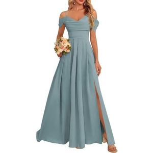 Dames chiffon bruidsmeisjes jurken met split lange galajurken ruches cocktailjurk plus size, Dusty Blauw, 32