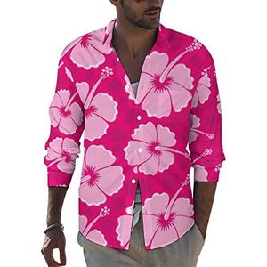 Roze hibiscuspatroon heren button down shirt met lange mouwen casual strand tops met zak normale pasvorm