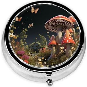 Pillendoosje met spiegel, retro pillendoosje met 3 vakken, sprookjesachtige stijl, paddenstoelen, kleine pillenorganizer voor portemonnee of zak, decoratieve metalen medicijnen, vitamine-organizer