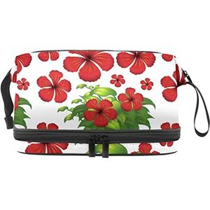 Dubbele Laag Cosmetische Tas Rode Hibiscus Bloemen Groene Bladeren Draagbare Make-up Tas Travel Organizer Pouch Voor Vrouwen Meisjes Toiletartikelen Tassen, Meerkleurig, 27x15x14 cm/10.6x5.9x5.5 in, Make-up zakje