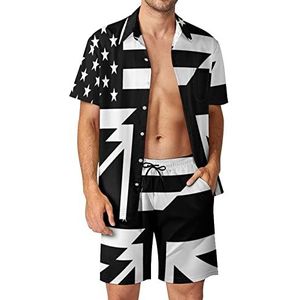 Witte en zwarte Britse en Amerikaanse vlag mannen Hawaiiaanse bijpassende set 2-delige outfits button down shirts en shorts voor strandvakantie