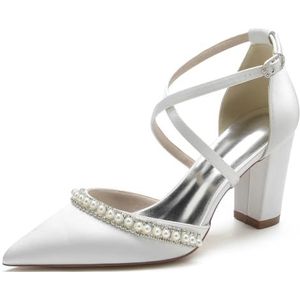GHSIRUEU Dames 3,3 Inch Middenblokhak Jurk Pompen Gesloten puntige teen Cross Strap Pearl bruiloft partij schoenen,Wit,36 EU