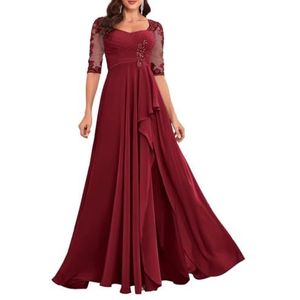 Dames chiffon moeder van de bruid jurk voor bruiloft met split galajurken cocktailjurk plus size, Bordeaux, 32