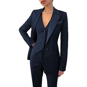Damespakken voor kantoor, 3-delige formele blazer met één rij knopen, vest en broek, pakken voor zakelijke casual outfits, marineblauw, S
