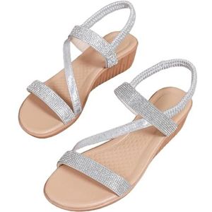 Dames Bohemen Sandalen Retro Sleehak Sandalen 2024 Nieuwe Romeinse Sandalen Met Strass PU Lederen Pantoffels Zomer Peep Toe Pantoffels Vrijetijdsstrandschoenen(Silver,43 EU)