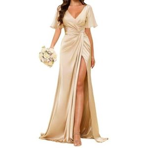 Prinses Bruidsmeisjes Jurken Flutter Mouw Galajurken Satijn Formele Avondfeest Maxi Jurk met Split ZM190, Champagne, 32