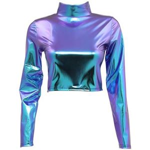 Metallic tops met lange mouwen voor dames, glanzende stretch lange mouwen mock hals crop top voor clubwear, slim fit coltrui metallic blouses holografische vloeibare party tanktops dansclub T-shirt