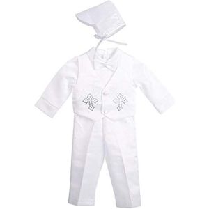 Lito Angels Baby Jongens Doopsel Doop Wit Satijn Pak Kleding Doopkleding Doopkostuum Set met Kap Maat 74 80 (Leeftijd 6-12 maanden) Lange Mouw