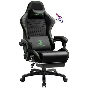 GTPLAYER Leren game stoel, ergonomische game stoel, bureau stoel met voetensteun, luidspreker, verstelbare hoofdsteun en lendensteun, kantelbare rugleuning, zwartgroen