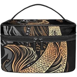 Groen en wit geruite patroon make-up tas voor vrouwen meisjes cosmetische tassen met handvat reizen make-up organizer tas, Gouden Koi Karper met Lotus en Bloemige Halve maan, 8.9x5.9x5.4 Inches, Make-up zakje