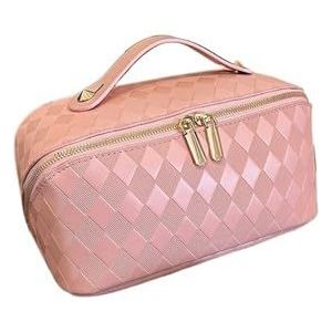 Lingge PU platte make-uptas met grote capaciteit cosmetische opbergtas, hand in hand met waszak, roze, Eén maat