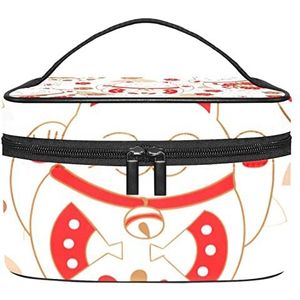Leuke Japan Cartoon Lucky Cat Roze Bloemen Make-up Organizer Tas, Reizen Make-up Tas Organizer Case Draagbare Cosmetische Tas voor Vrouwen en Meisjes Toiletartikelen, Meerkleurig, 22.5x15x13.8cm/8.9x5.9x5.4in