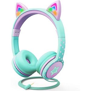 FosPower Stereo hoofdtelefoon voor kinderen, met kattenoren, verlicht - 3,5 mm - hoofdtelefoon voor kinderen met gevlochten kabel tegen knopen (85 dB max) - Turkoois/Lichtpaars