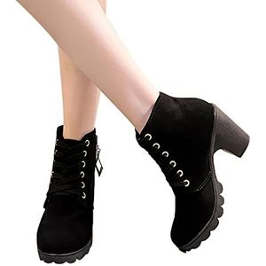 QWLEYCHN Women's Bootie Chelsea Pump Lace Up Chunky Block High Heels Boots Closed Toe Stacked Heel Lug Sole Non Slip Dressy Winter Short Combat Boots Women's Bootie Chelsea (Color : Black, Size : 9