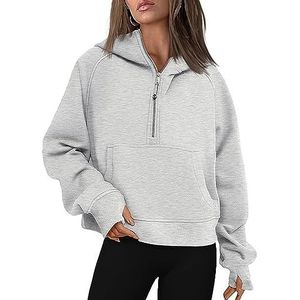 ACICS Womens Hoodies Sweatshirts Half Zip Cropped Pullover Fleece Quarter Zipper Hoodies with Pockets Fall Outfits Clothes Thumb Hole (Color : Light grey, Size : L)