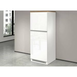 Dmora Keukenkast Plinio, multifunctionele kast, kast voor koelkast met 2 deuren, 100% Made in Italy, 60 x 60 x 165 cm, glanzend wit en eiken, lengte 60 cm
