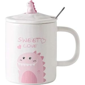 cups Dinosaurusvorm koffiemok met deksel, grote keramische mokset 420 ml, schattige drinkbeker for koppels familie vrienden kinderen volwassenen koffie (Color : Pink)