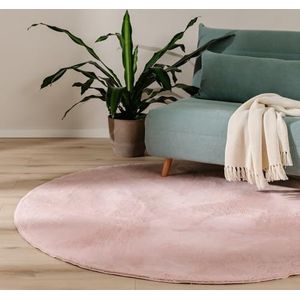 benuta Basic Vloerkleed woonkamer Furry - Roze Rond 160 cm - Zacht Kunstvezel Vachtkleed - Antislip onderkant - Wasbaar - Voor vloerverwarming geschikt