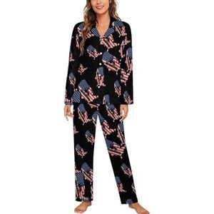 Amerikaanse Worstelen Vlag Vrouwen Lange Mouw Button Down Nachtkleding Zachte Nachtkleding Lounge Pyjama Set 2XL