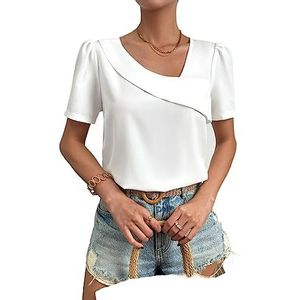 dames topjes Solid Asymmetrical Neck Puff Sleeve Blouse (Color : Wei�, Size : M)