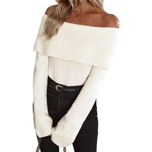 XBECLAY - Gebreide Trui - Wit - Dames Off-Shoulder Lange Mouw Overslag