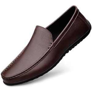 Loafers for heren met ronde neus, effen kleur lederen loafers, lichtgewicht antislip platte hak, mode-gala-instappers (Color : Brown, Size : 40 EU)